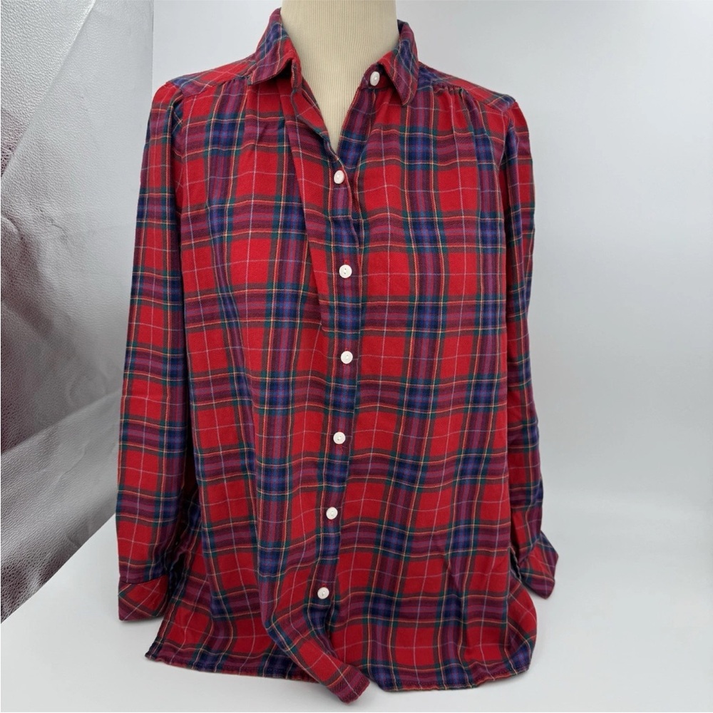 J Jill Red Plaid Flannel Shirt Womens Size M Petite Tunic Button Up Long Sleeves